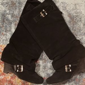 Naughty Monkey Black Suade Wedge Boots, size 6.5